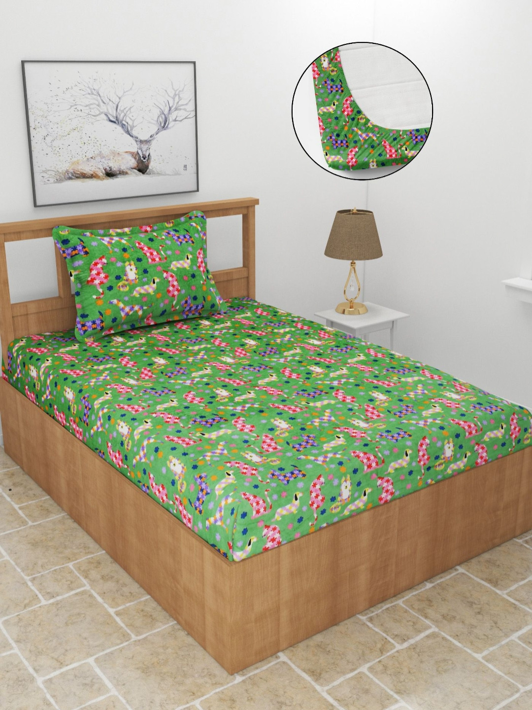 BREVARD Greencat Green Conversational Wool 210 TC Fitted Single Fine Bedsheet with a Pillow Cover-152 x 228 cm