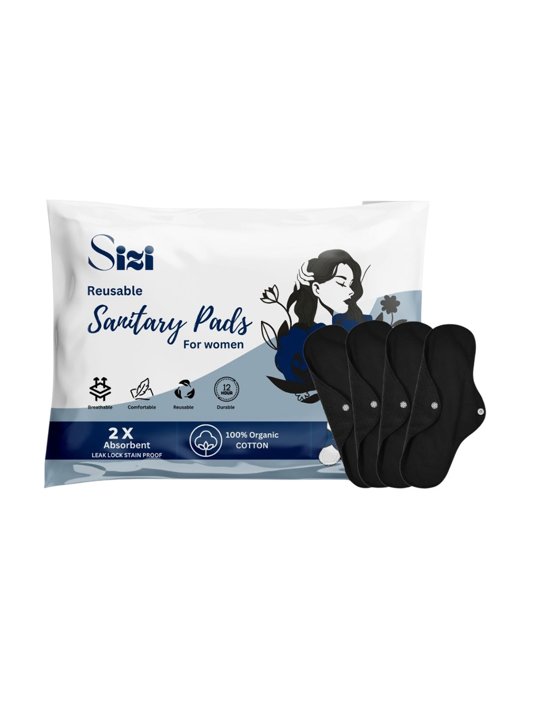 Sizi Super Absorbent Washable & Reusable Eco-Friendly Sanitary Napkins - XL - 4 Pads