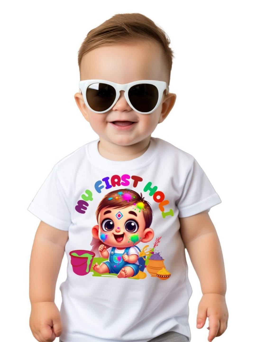 itsmycostume First Holi White Cotton Round Neck Tshirt