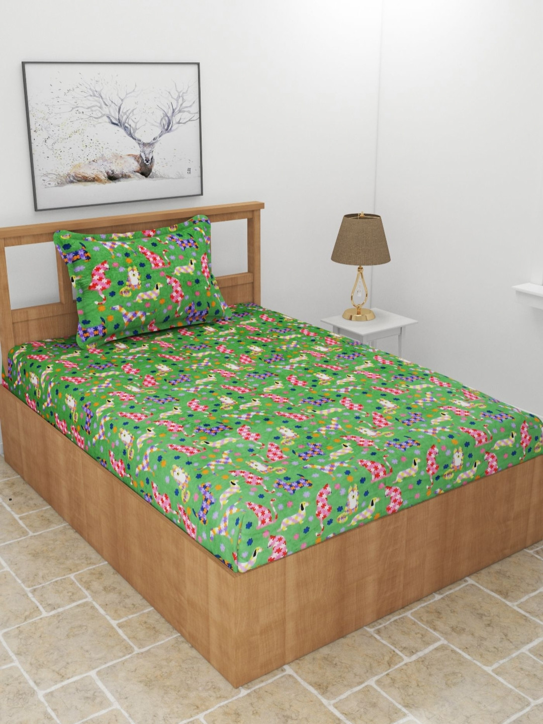 BREVARD Fleno Green Cartoon Characters Wool 210 TC Single Fine Bedsheet with a Pillow Cover-228 x 154 cm