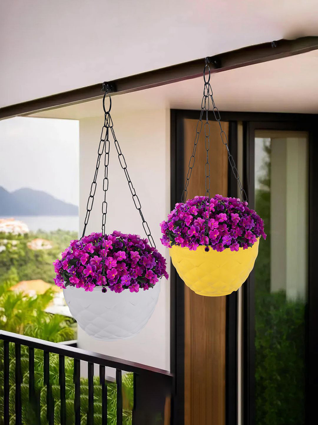 Kuber Industries Yellow & White 2 Pieces Textured Hanging Planters