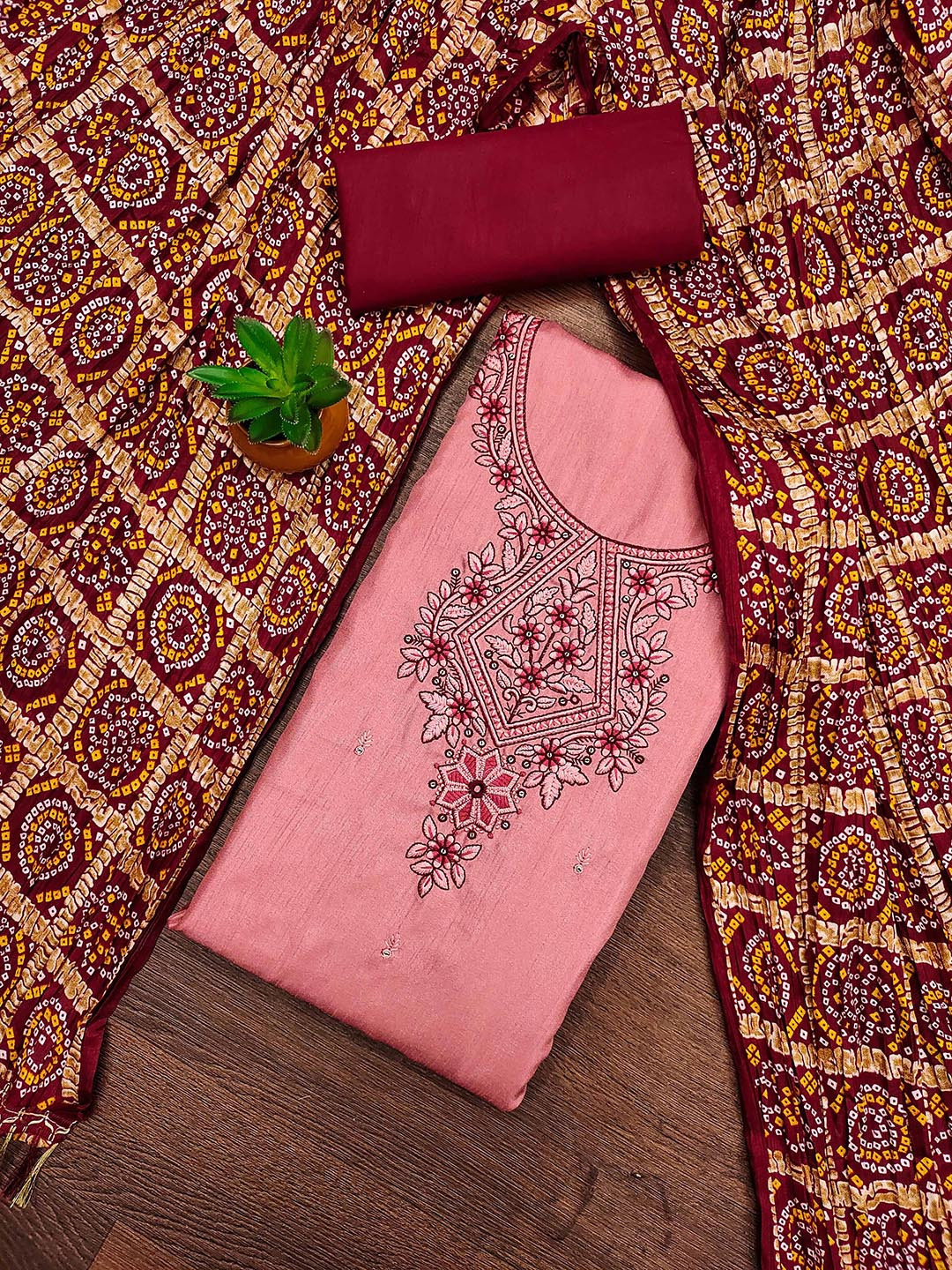 SAINOOR Bandhani Embroidered Silk Cotton Unstitched Dress Material