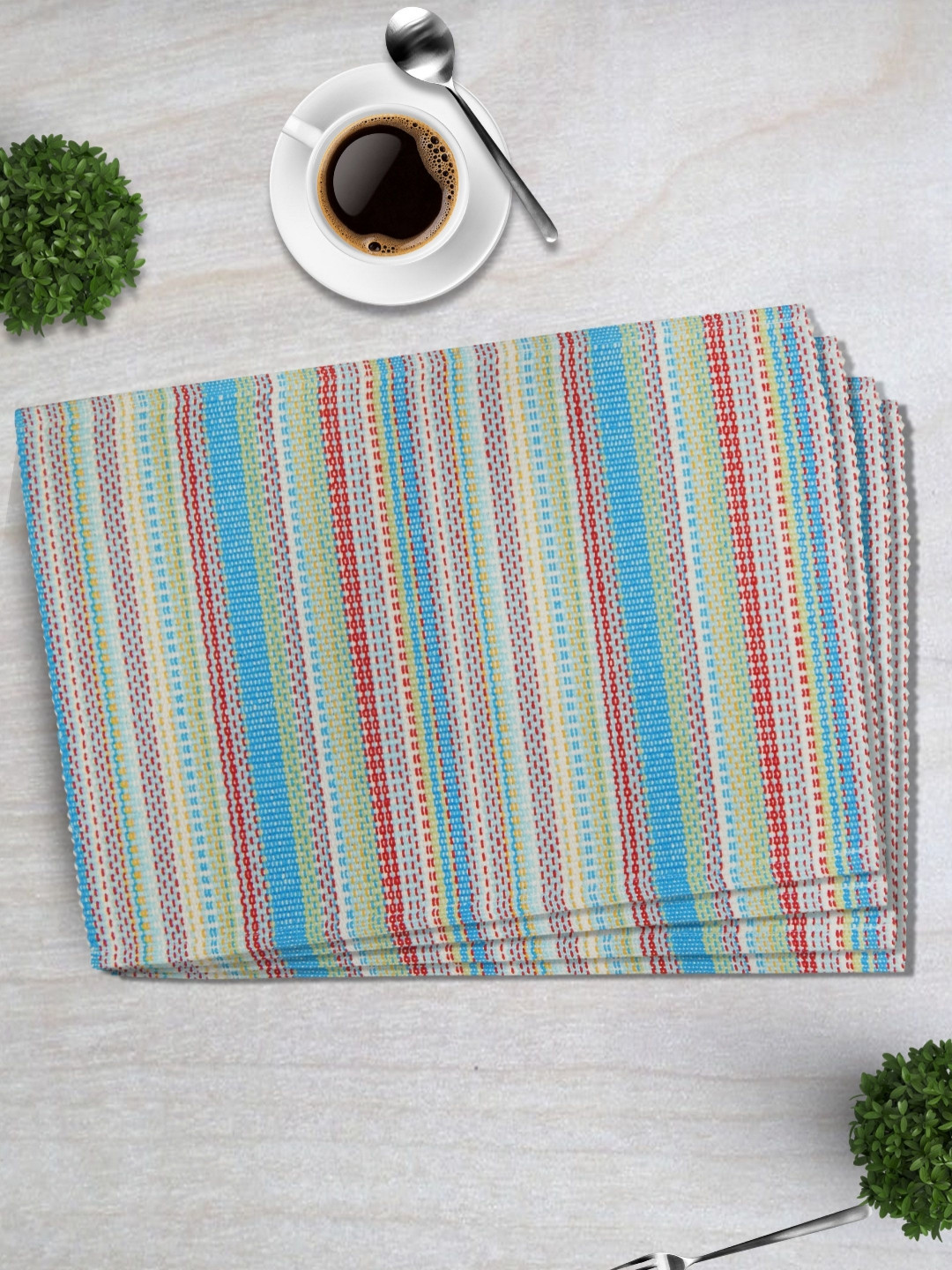HOME COLORS.IN Blue &  Red 4 Pieces Ribbed Cotton Heat Resistant Table Placemats