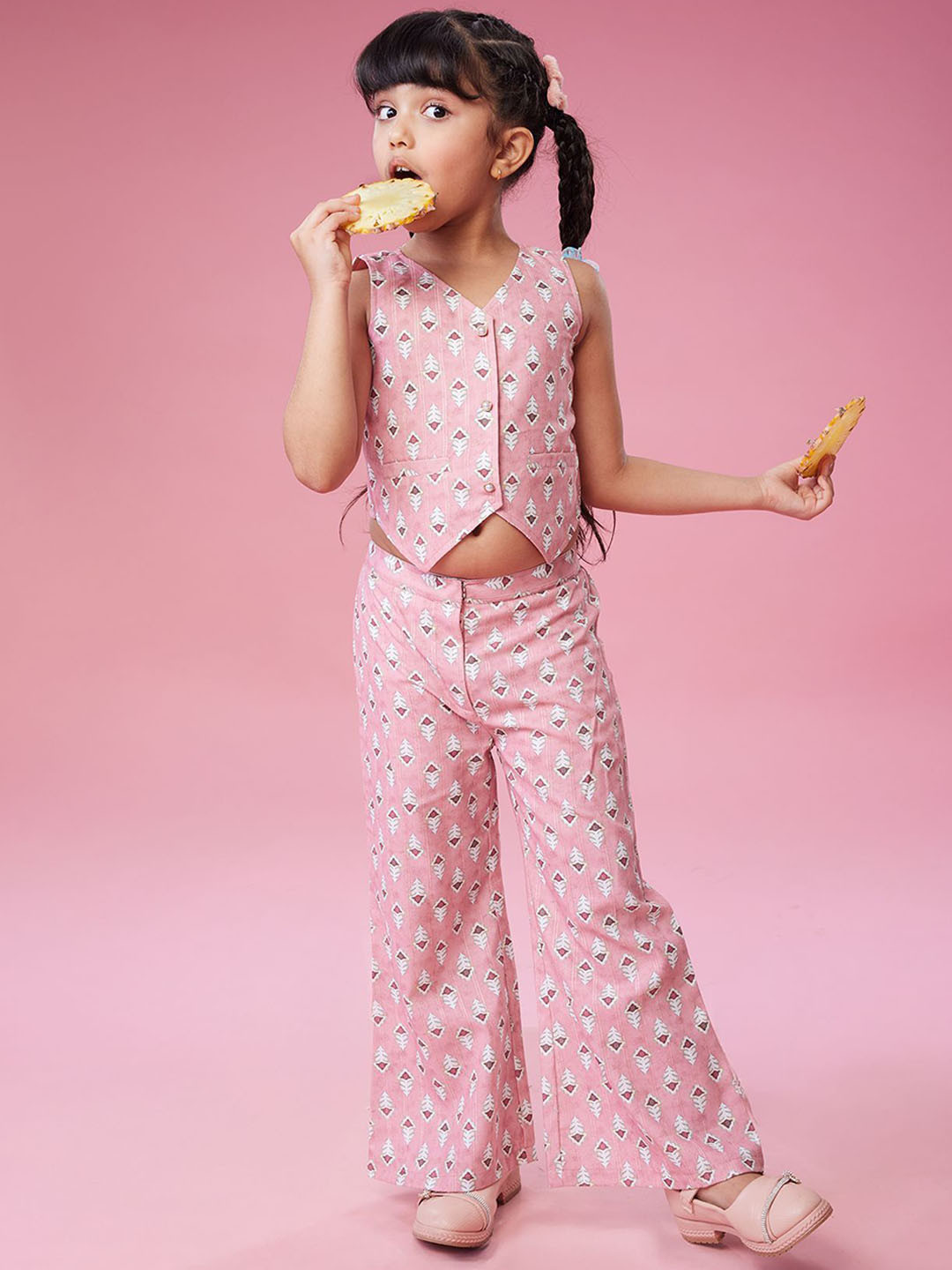 MASTARANG Floral Printed V-Neck Pure Cotton Waist Coat Top & Trousers