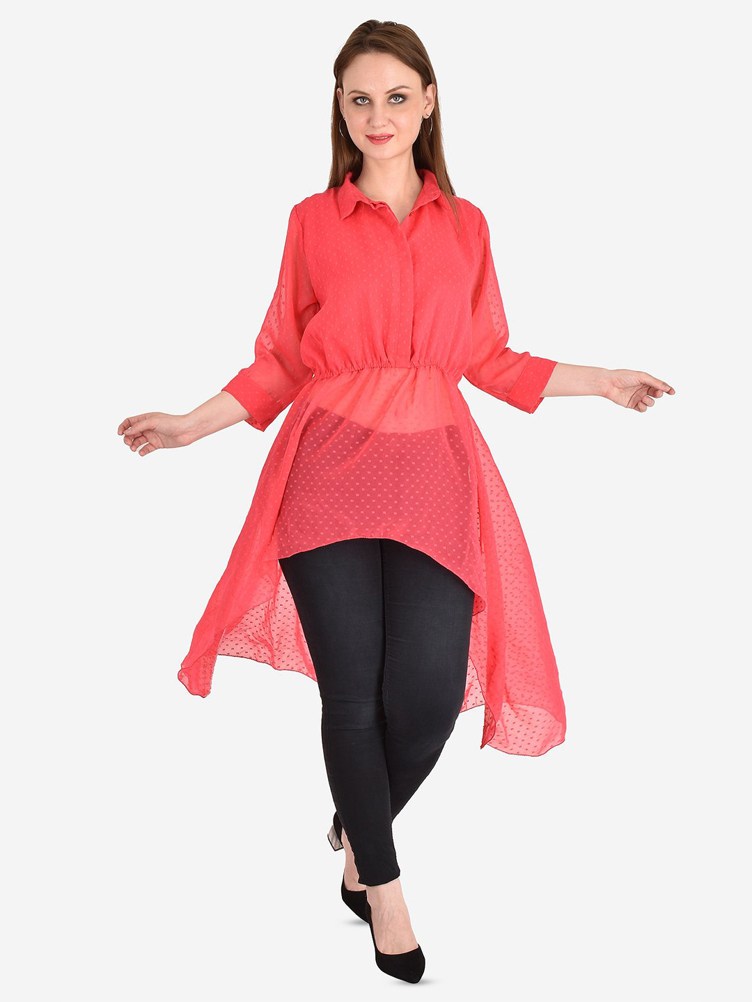 MISS HAUTE Women Self Design Shirt Collar Neck High-Low Hem Longline Top