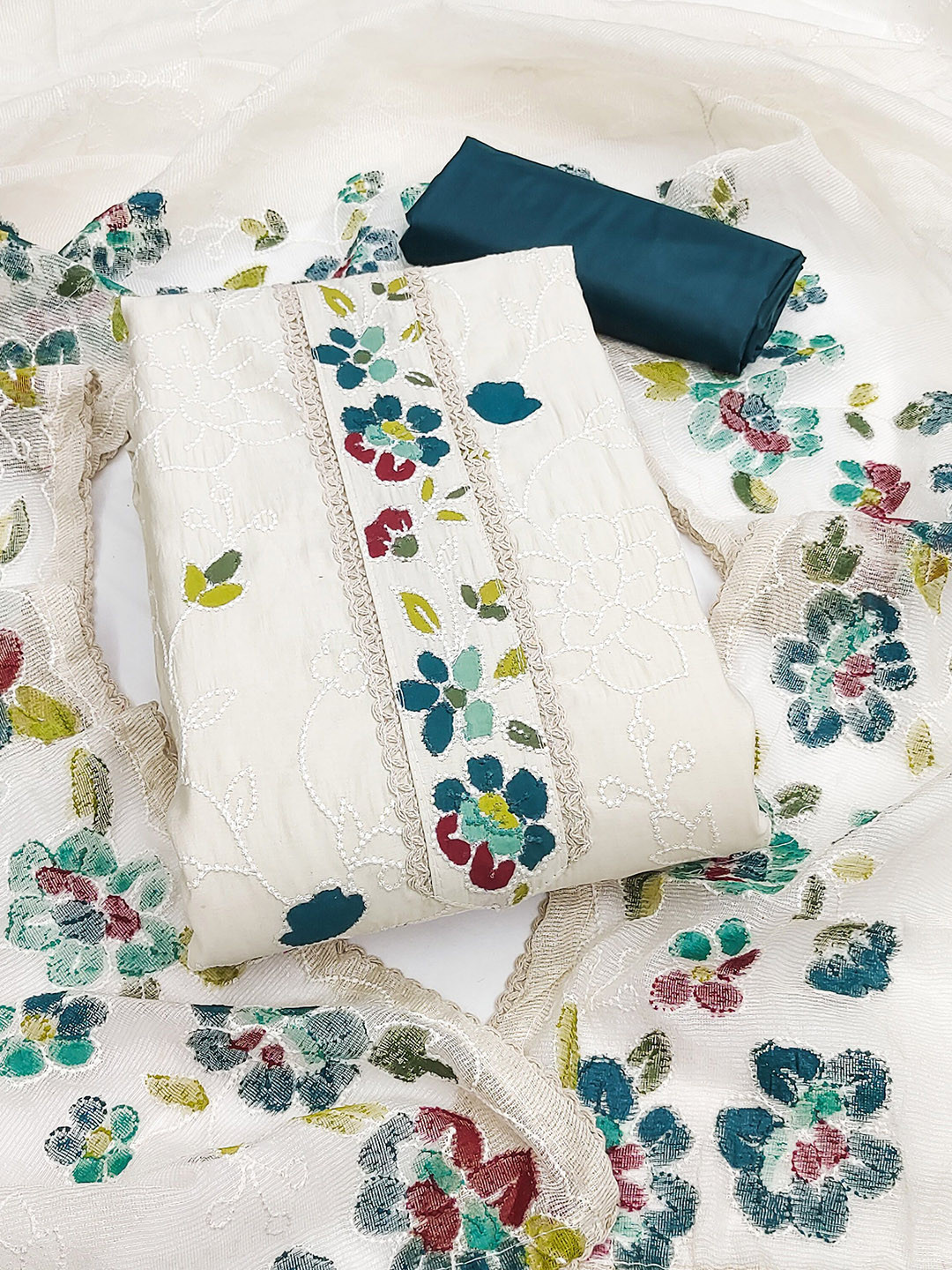 SAINOOR Floral Printed Roman Silk Semi-Stitched Dress Material