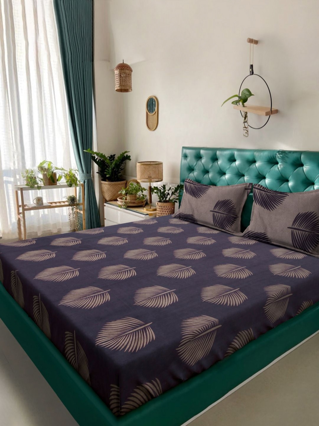 KLOTTHE Kaya Purple Leaf Polycotton 300 TC King Bedsheet with 2 Pillow Covers-98 x 89 inches