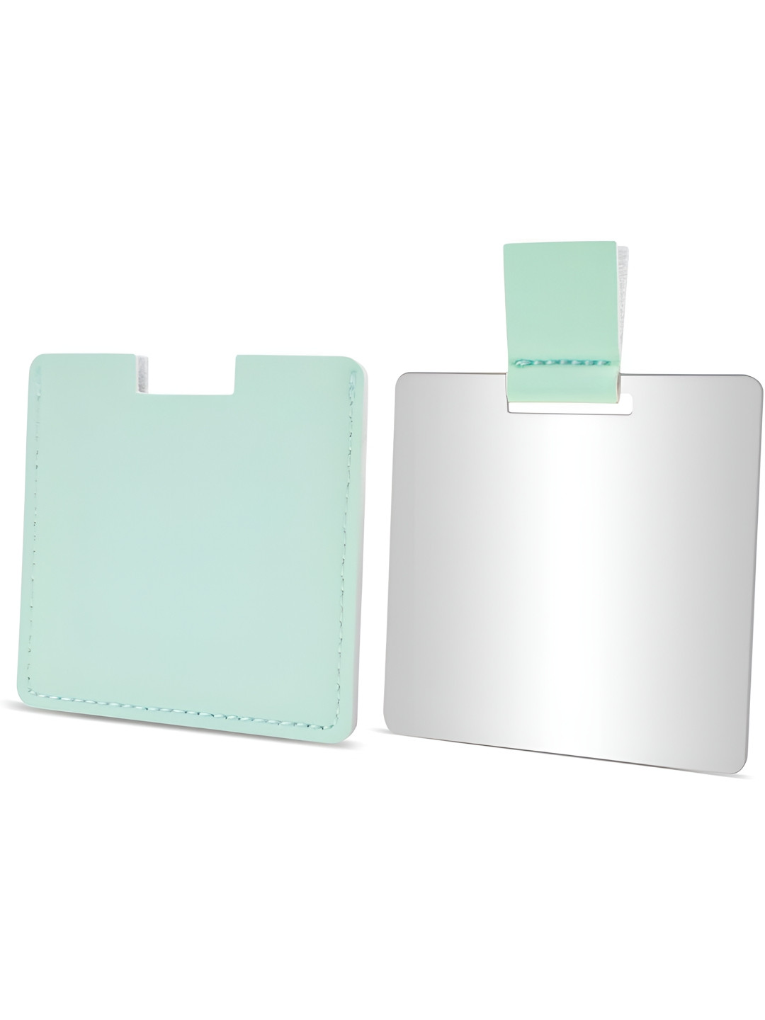 Baskety Green & White Compact Hand Square Mirror With Protective Cover