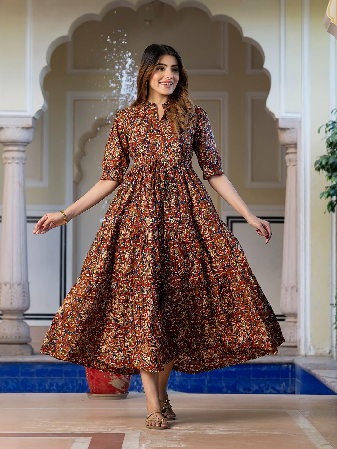 KALINI Floral Print Puff Sleeve Maxi Dress