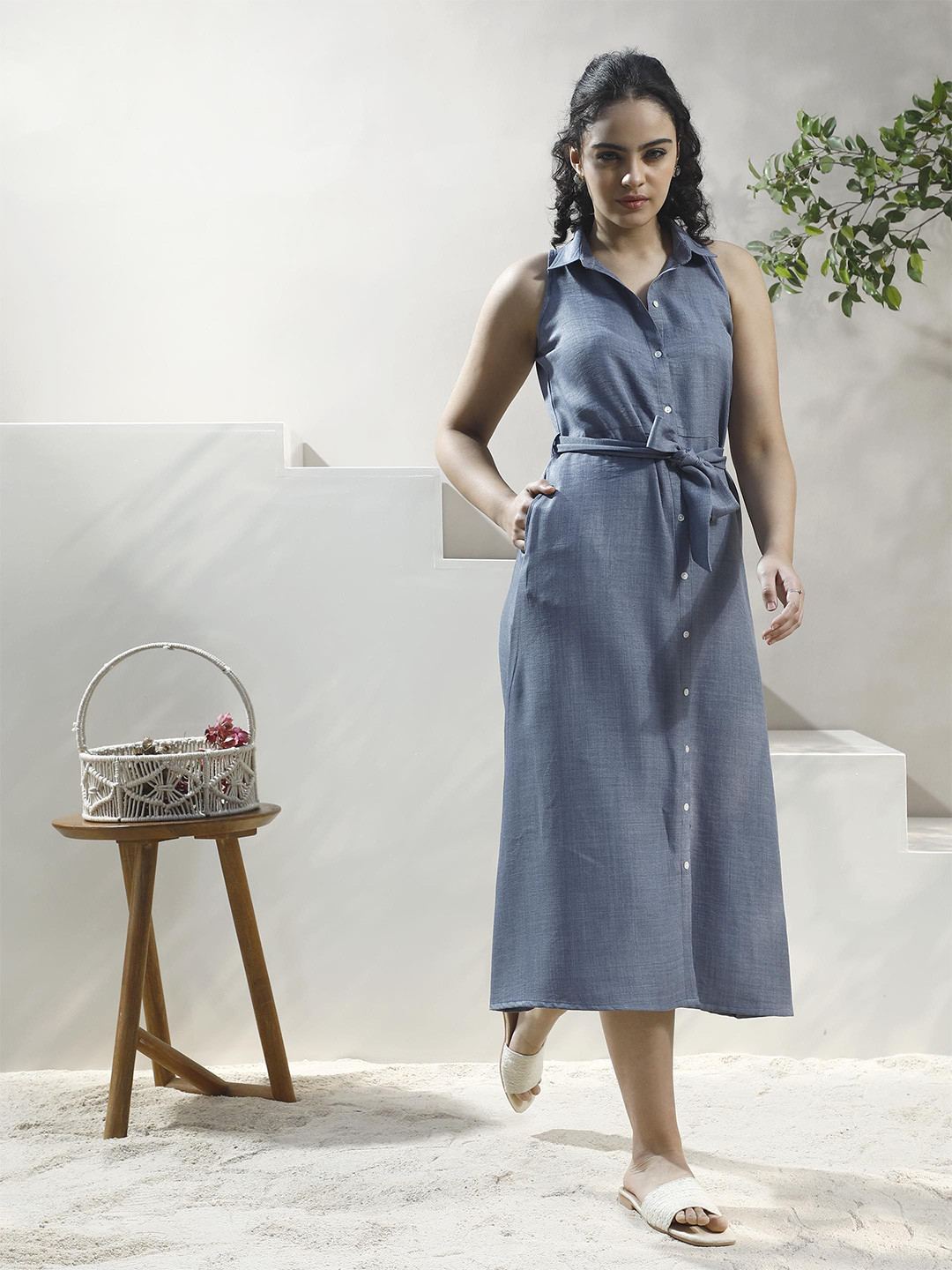 Boho By Athena Bohemian Linen Shirt Sleeveless Midi Dress