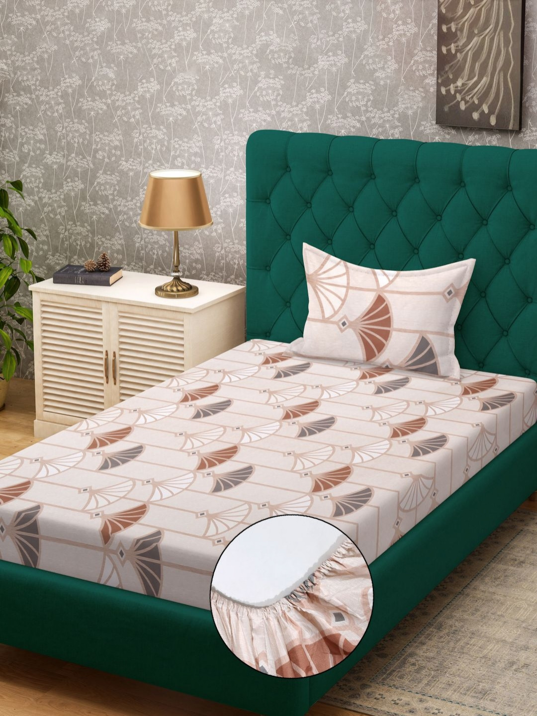 KLOTTHE Cream Graphic Cotton 300 TC Fitted Single Fine Bedsheet with a Pillow Cover-89 x 59 inches