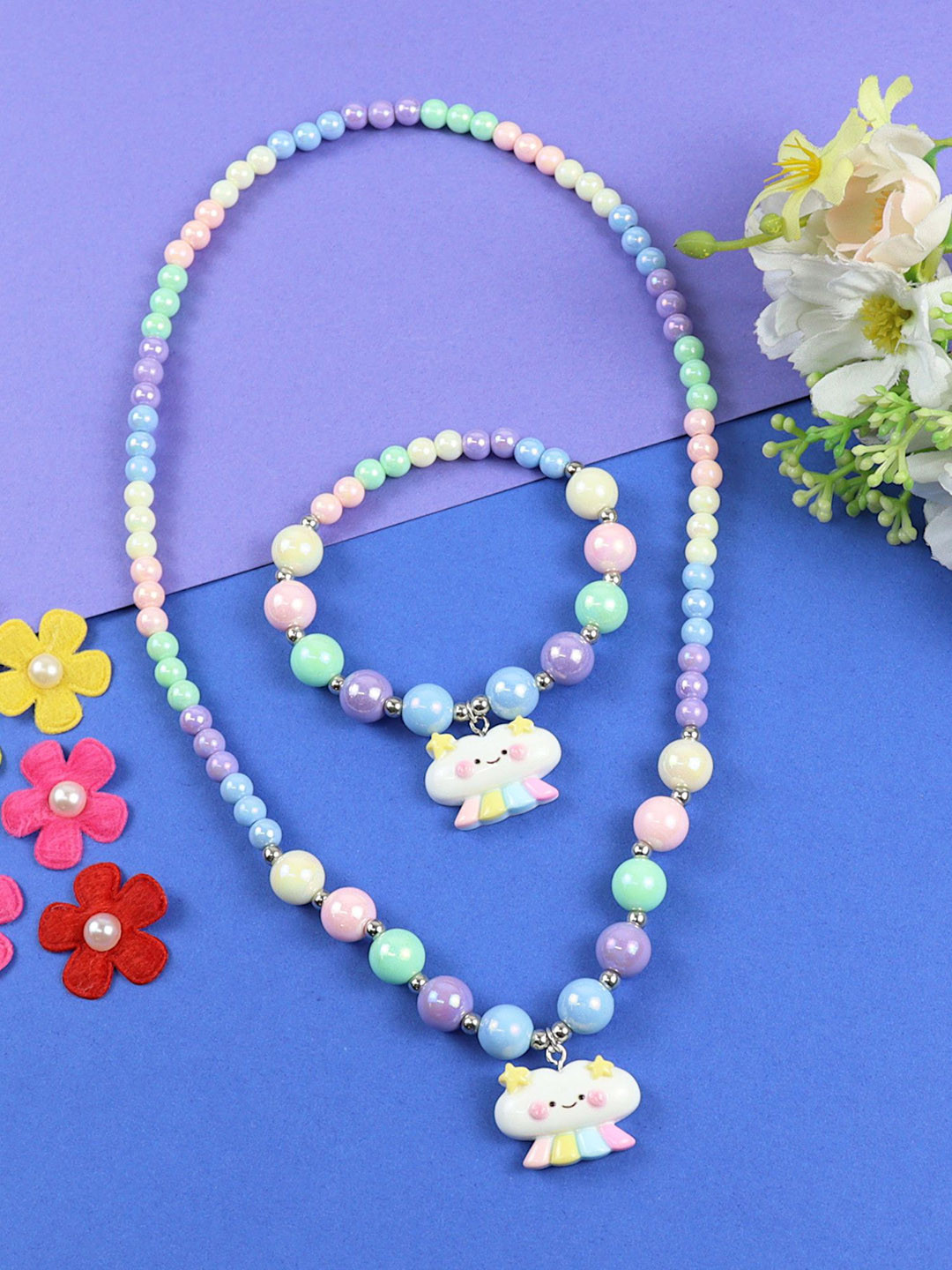 Asthetika Kids Girls Smiley Cloud Charm Necklace Bracelet Set