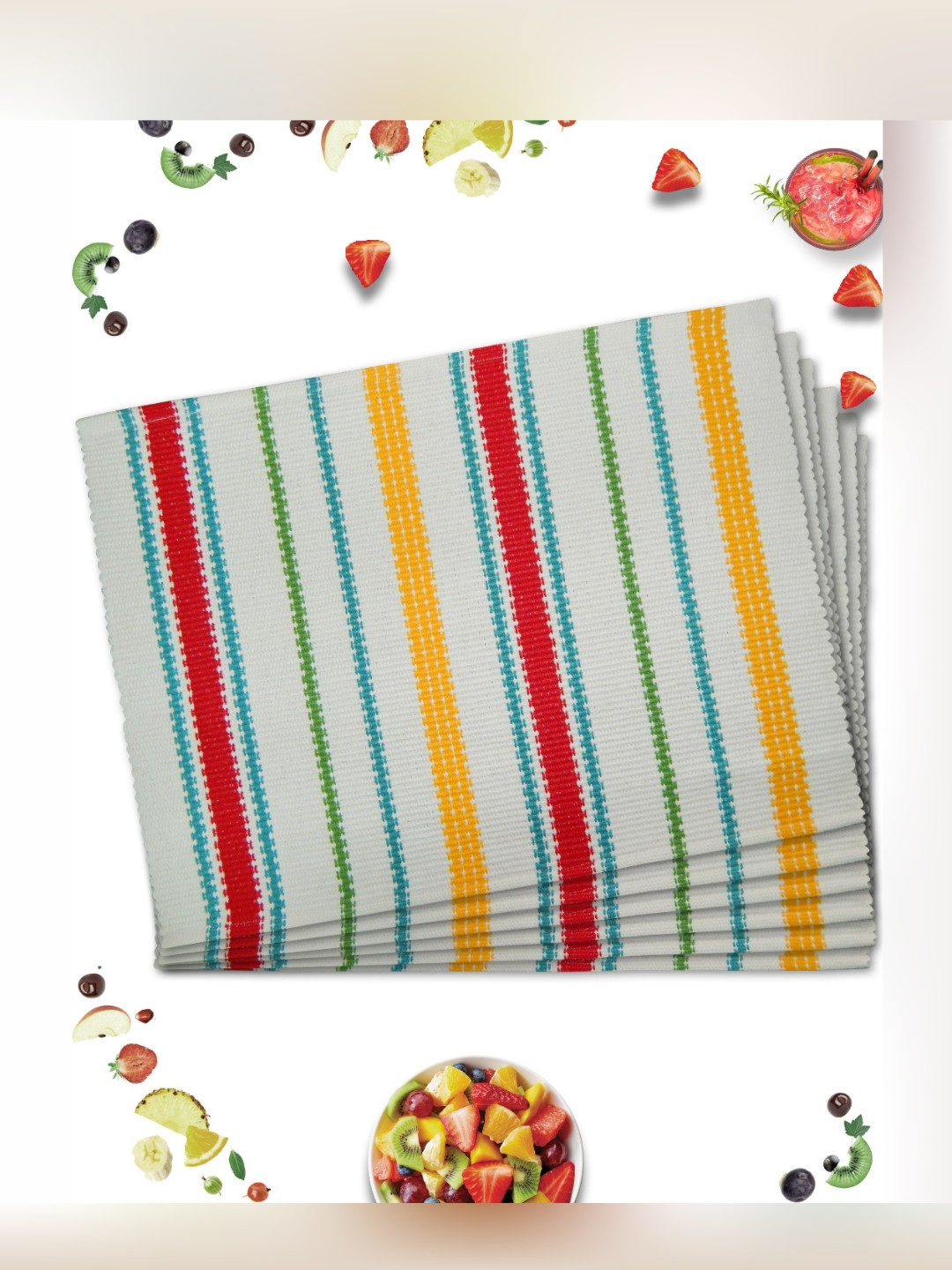 HOME COLORS.IN White & Red 6 Pieces Ribbed Cotton Table Placemats