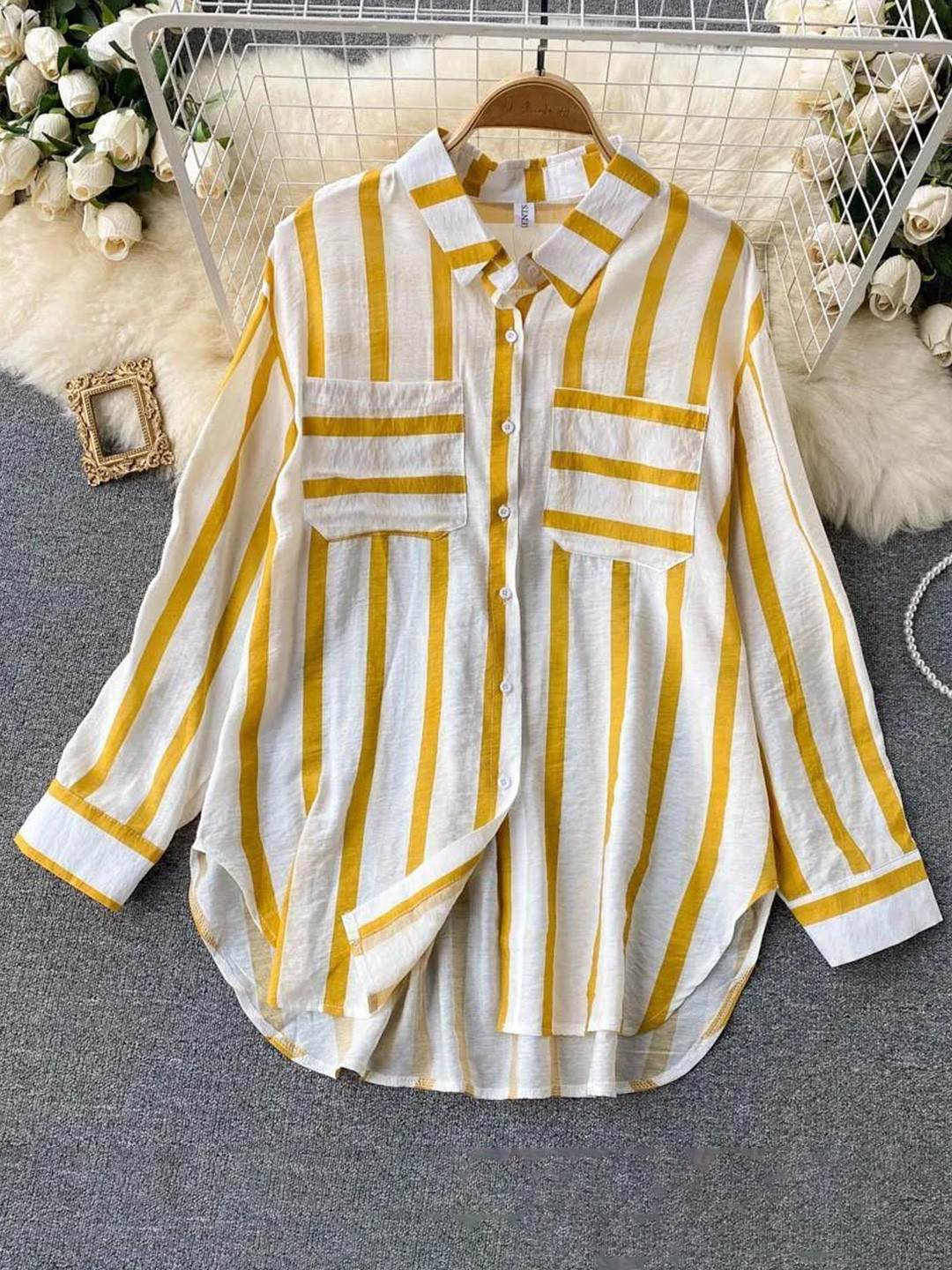 Miss Mosa By Akanksha  Yellow Ibiza Striped Holiday Shirt