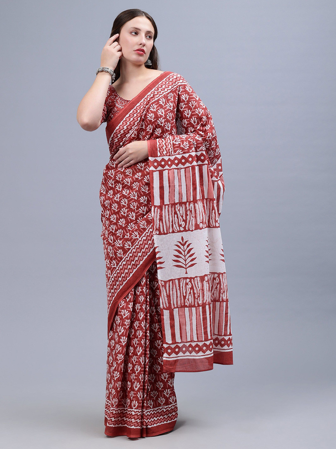 THE VASILIKI Maroon Printed Malmal Cotton Saree