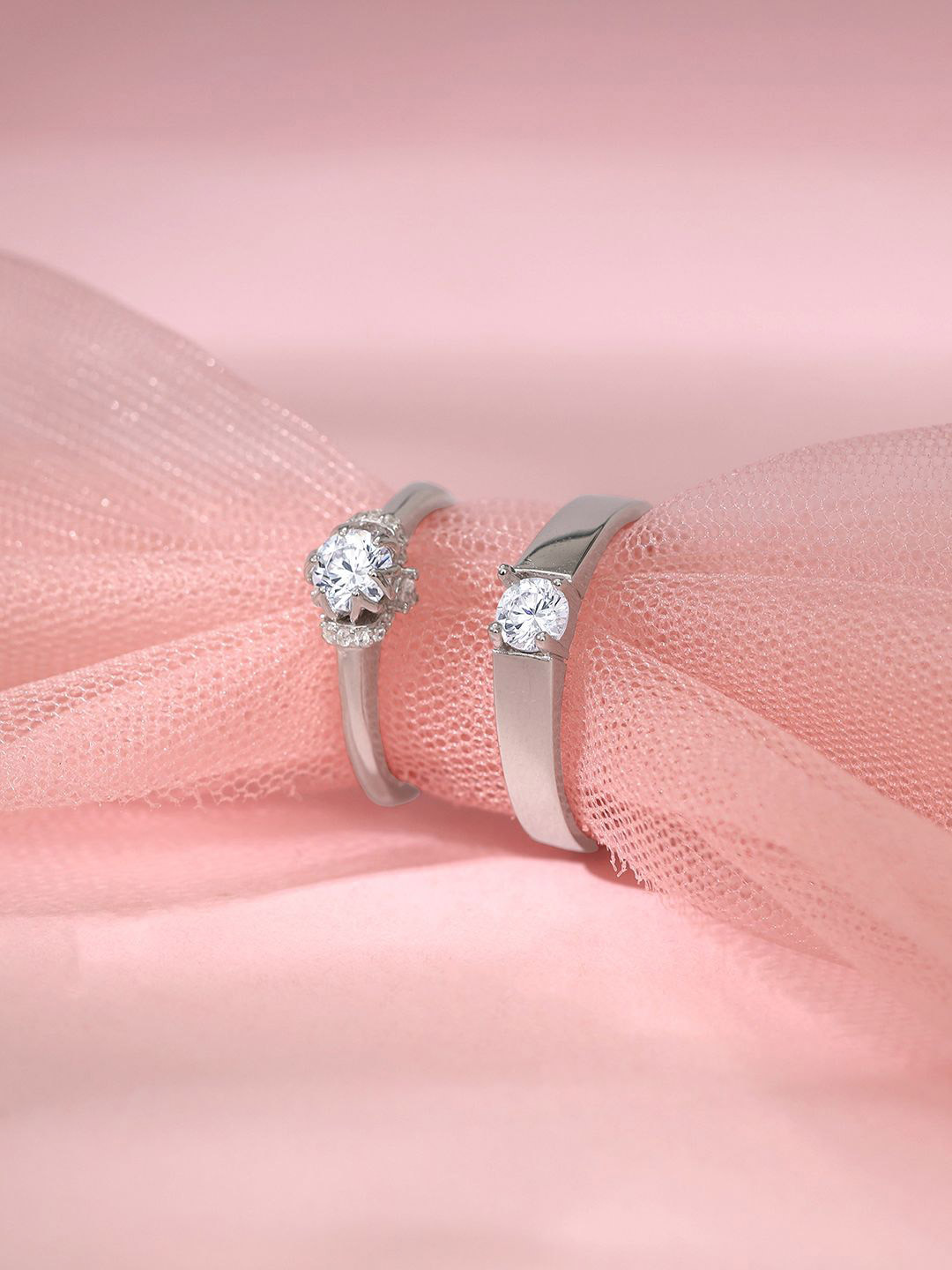 GIVA 925 Sterling Silver Set Of 2 Rhodium-Plated Stone-Studed Power Pair Couple Band Rings