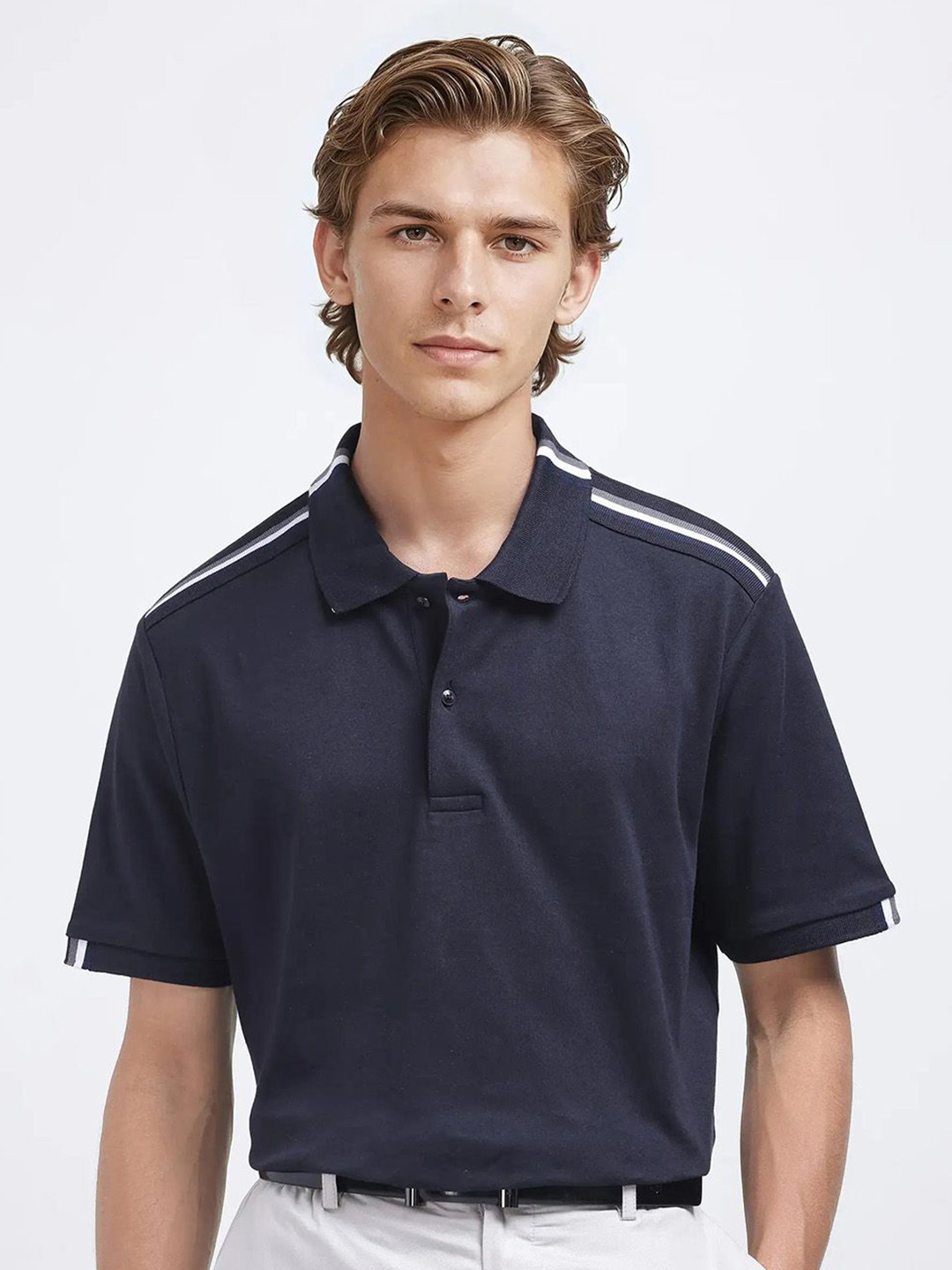 RARE RABBIT Men Striped Polo Collar Pockets T-shirt
