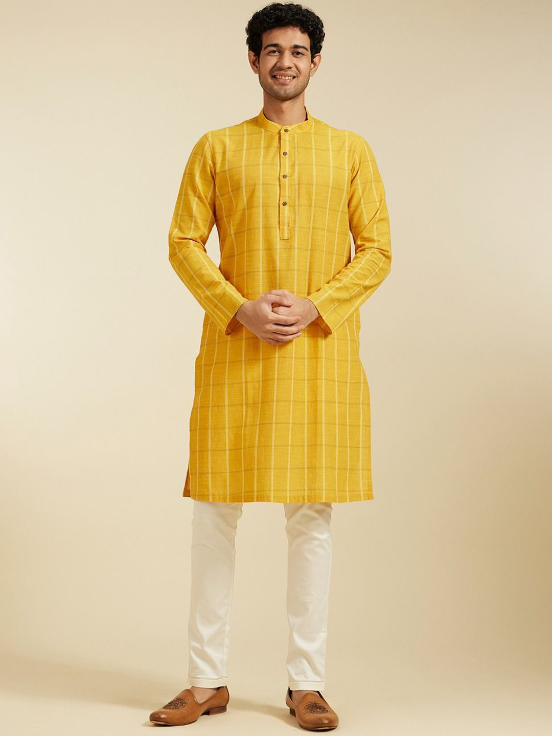 Diwas by Manyavar Checked Mandarin Collar Pure Cotton Straight Kurta With Pyjama