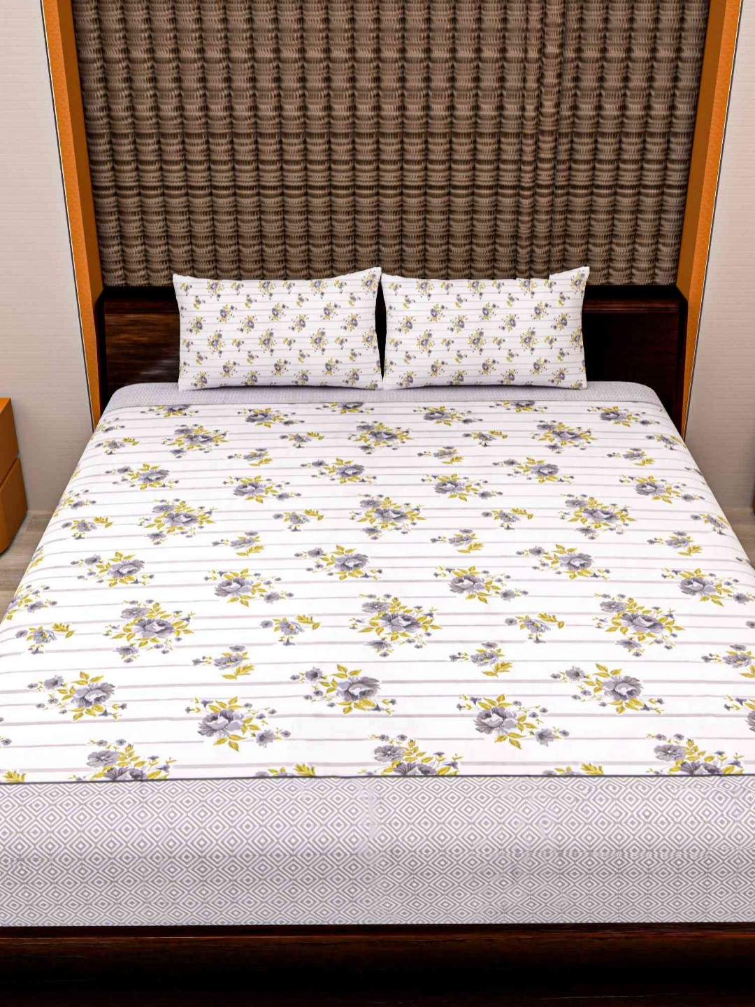 MAFATLAL Grandiose--Collection White Floral Cotton 186 TC King Fine Bedsheet with 2 Pillow Covers-108 x 108 inches