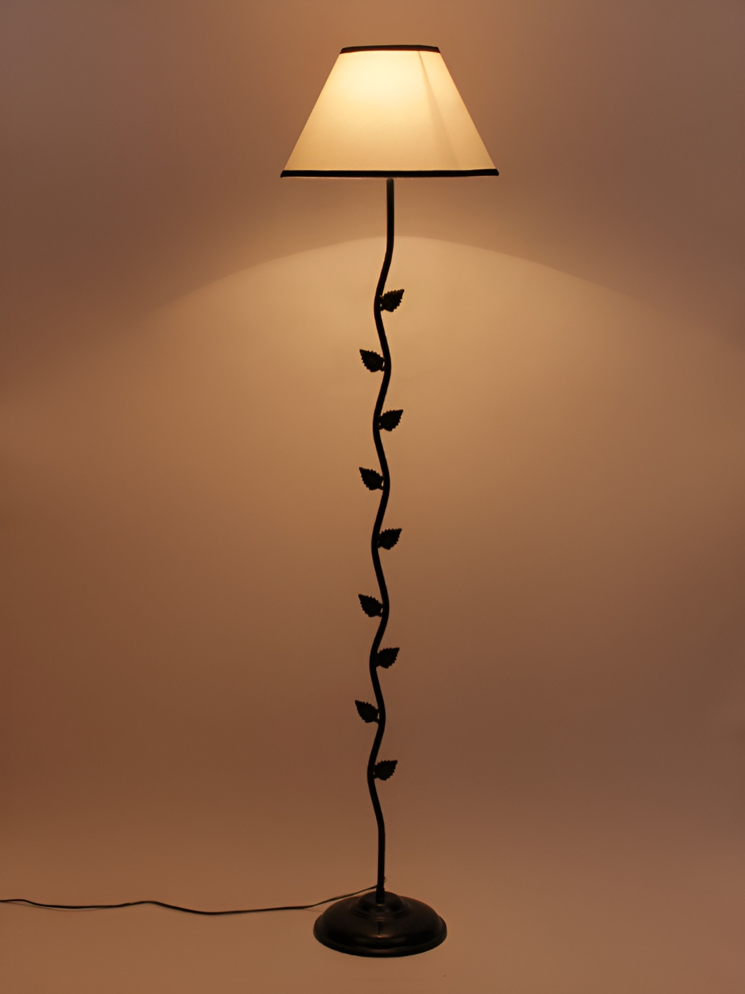 Devansh Black & White Leaf Textured Frustum Shaped Cotton Floor Lamp With Shade