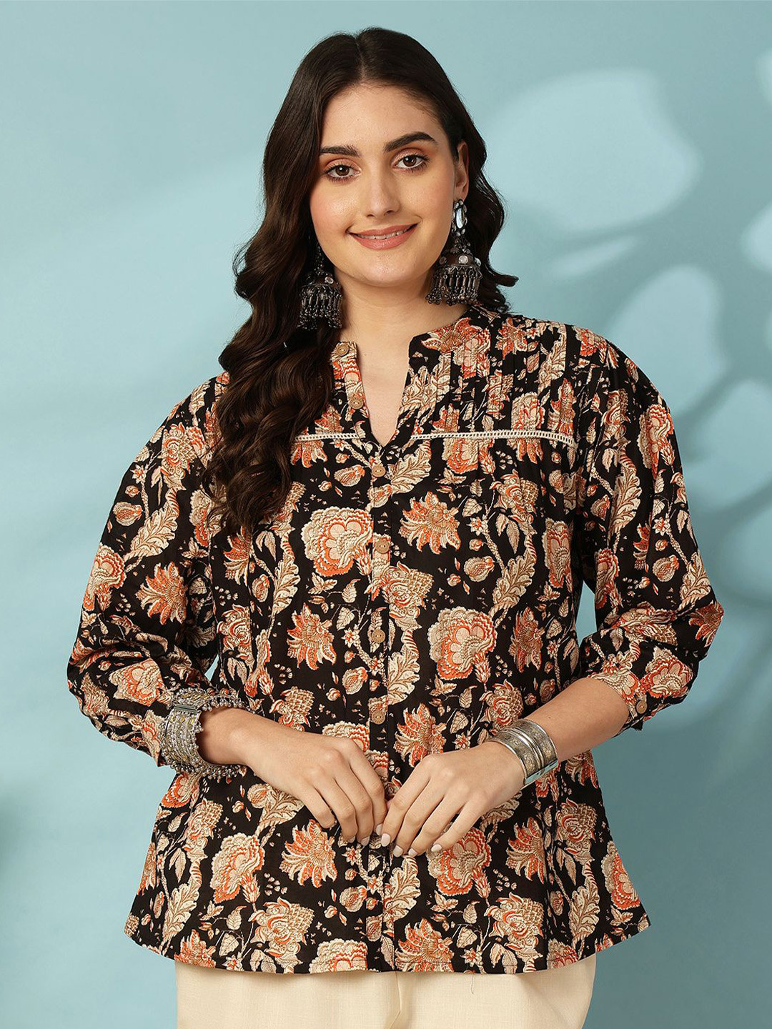 KIMAYRA Women Pure Cotton Floral Printed Mandarin Collar Slit Sleeves Shirt Style Top