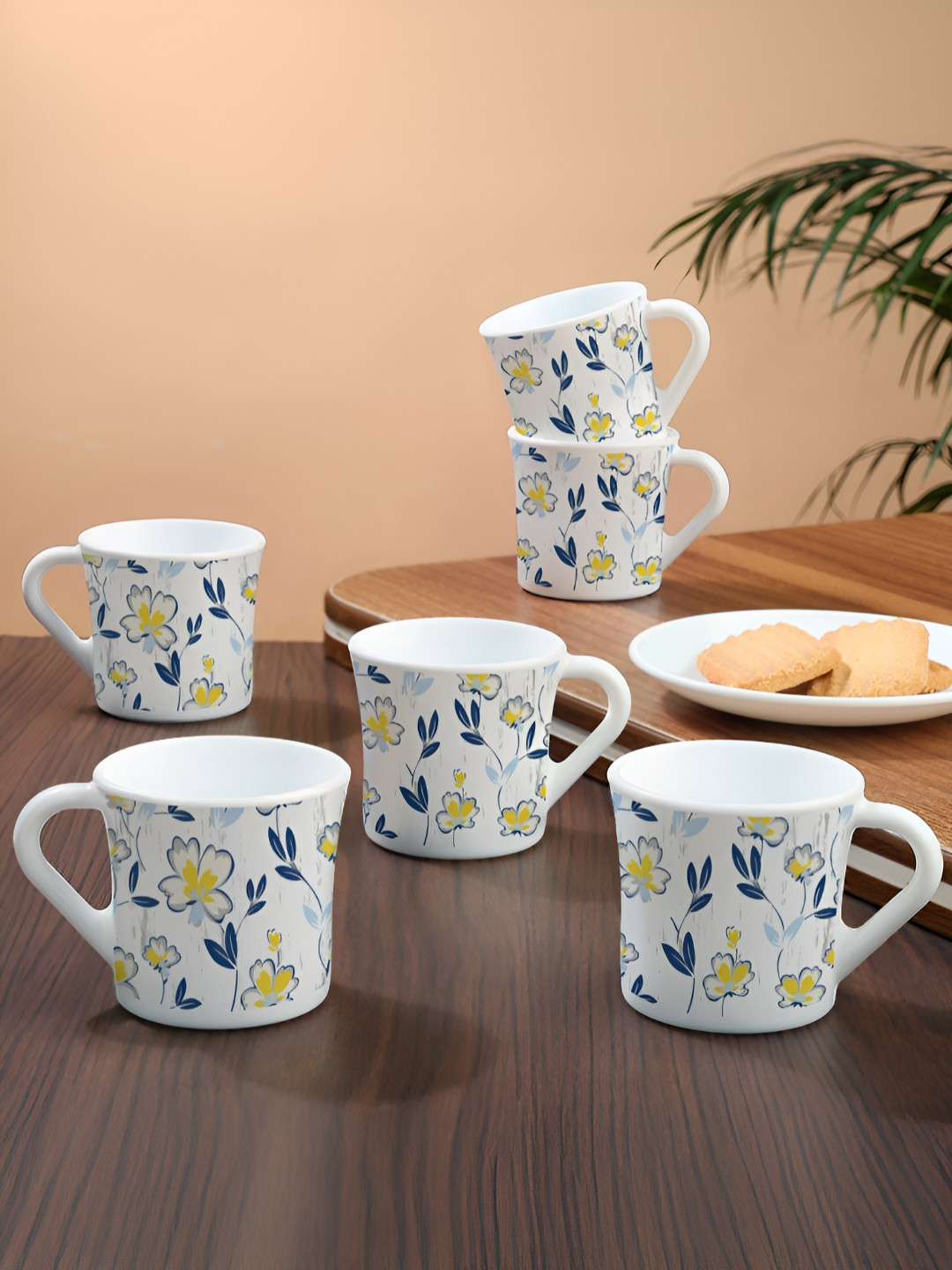 Larah by BOROSIL Crysta Series Amara White & Blue 6 Pcs Printed Opalware Matte Mugs 100 Ml