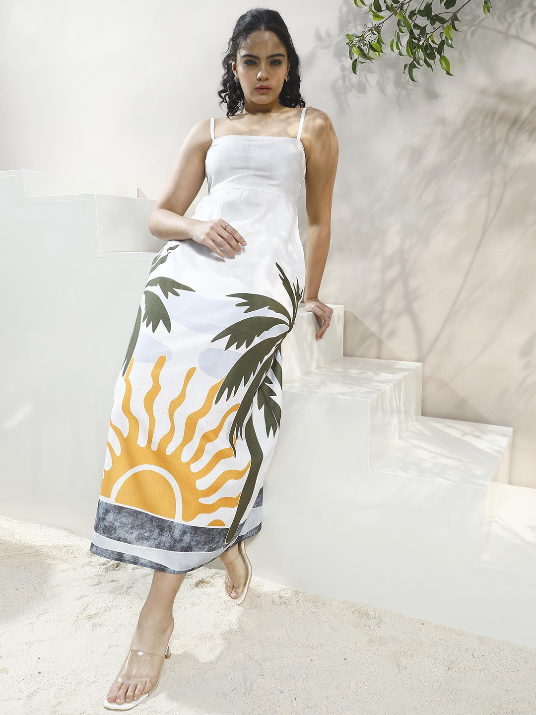 Boho By Athena Bohemian Print Linen A-Line Midi Dress