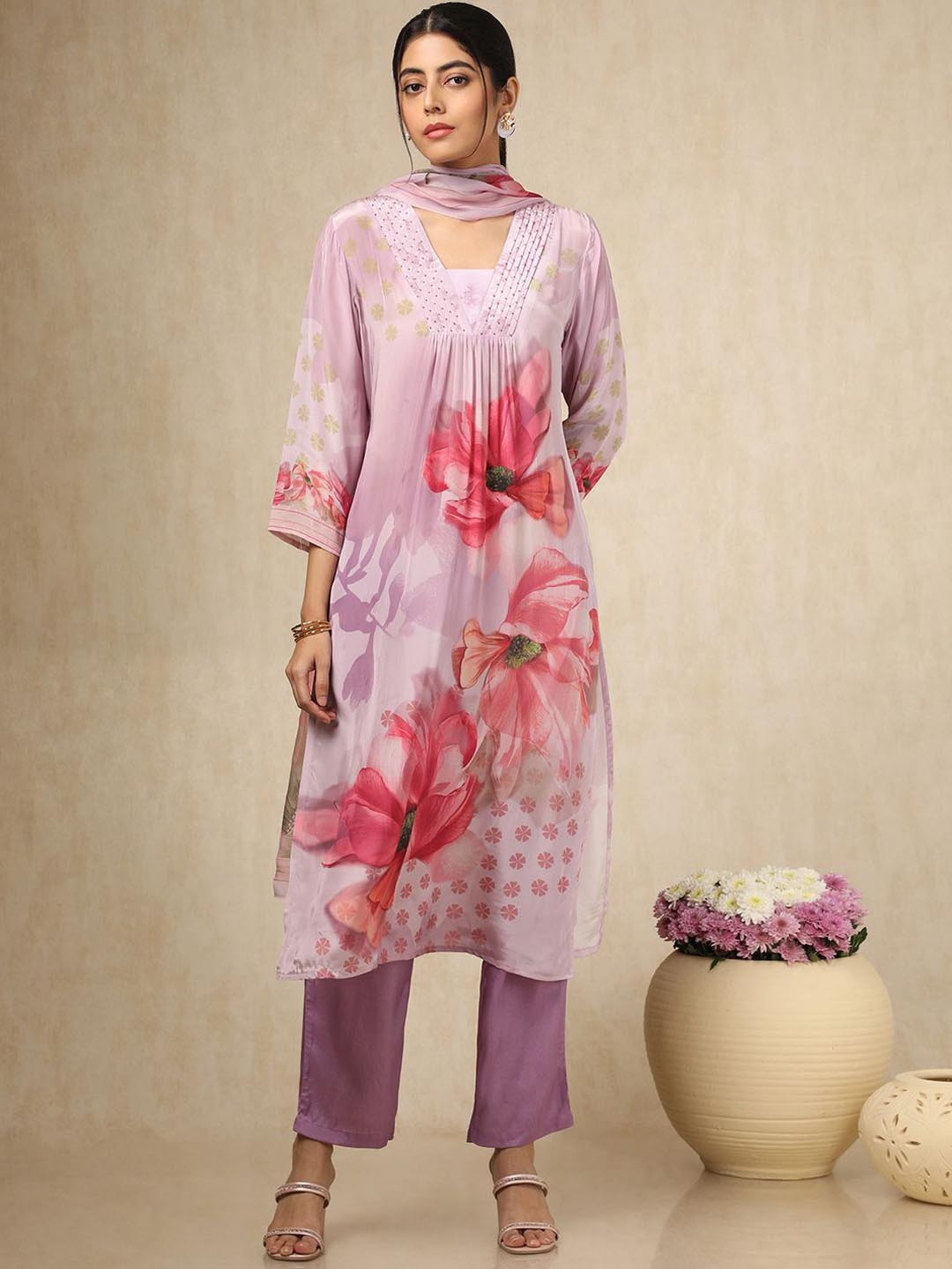 Soch Floral Printed Square Neck Pleated Beads Work Straight Kurta With Trouser & Dupatta