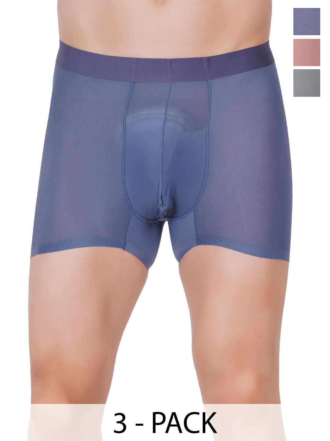 AMOUREUX Pack of 3 Long Trunks M7085_Blu_Grn_Bwn_L
