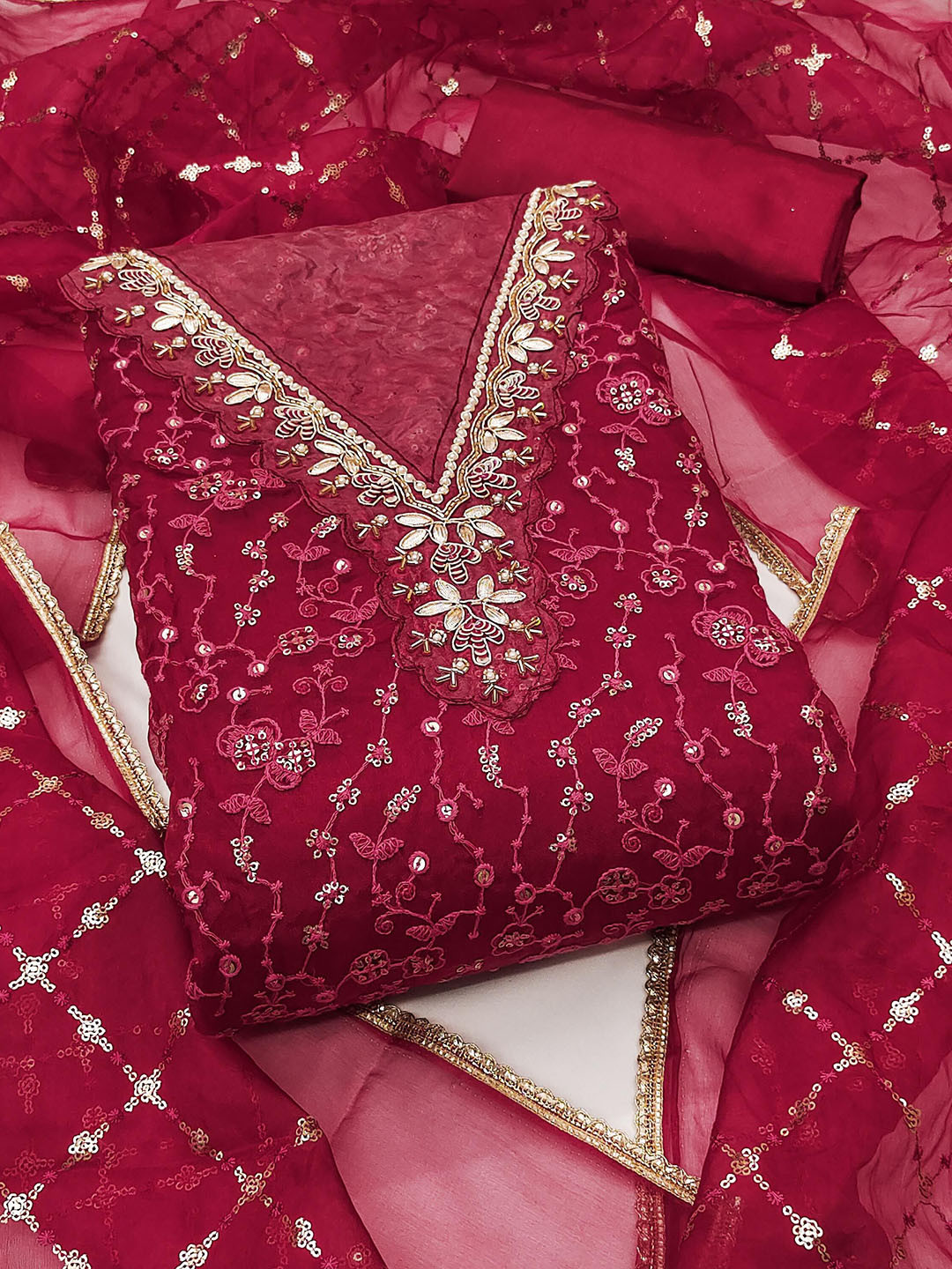 SAINOOR Floral Embroidered Organza Untitched Dress Material