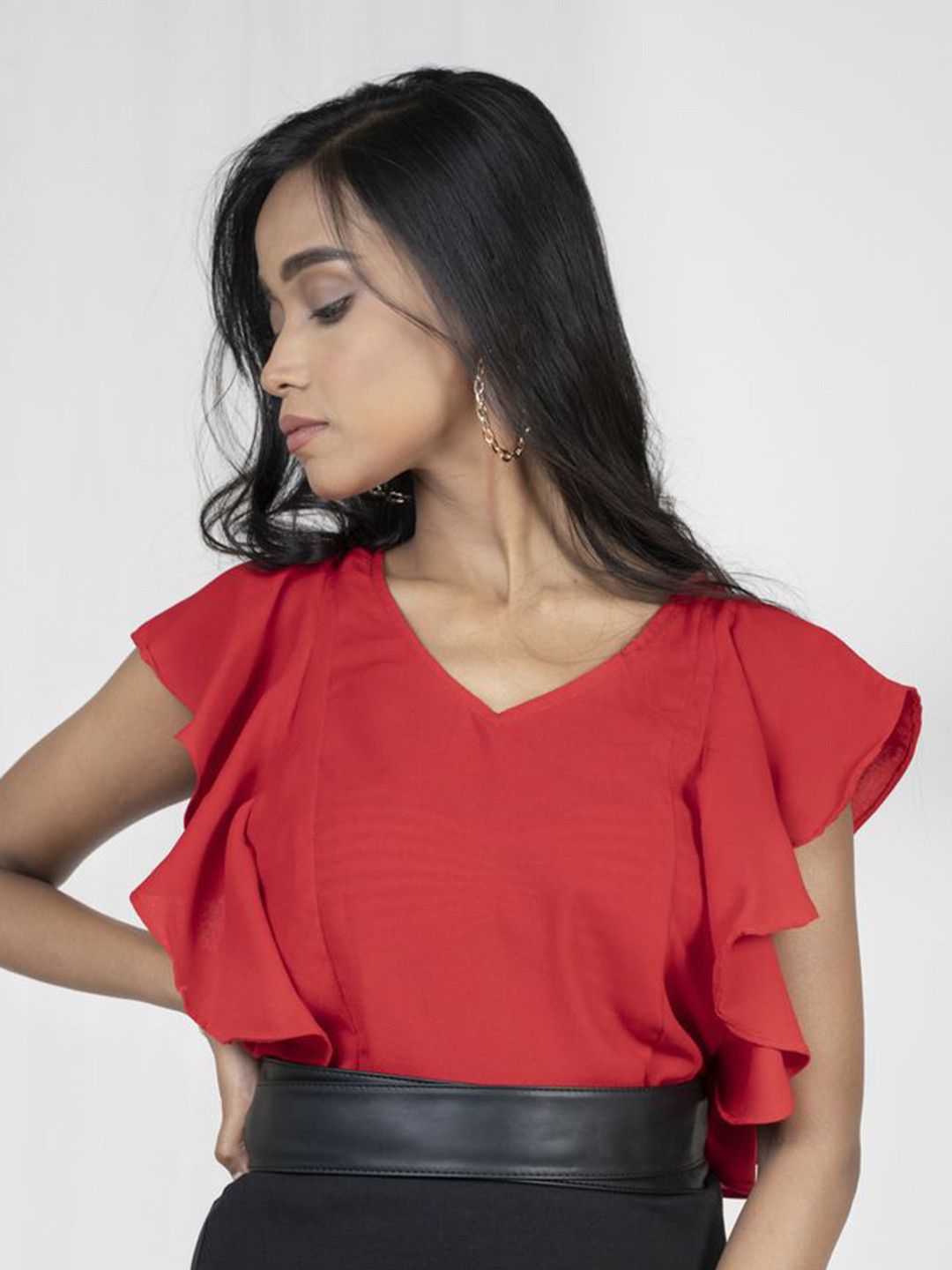 XOXO Cherry Solid Flutter Sleeve V-Neck Top