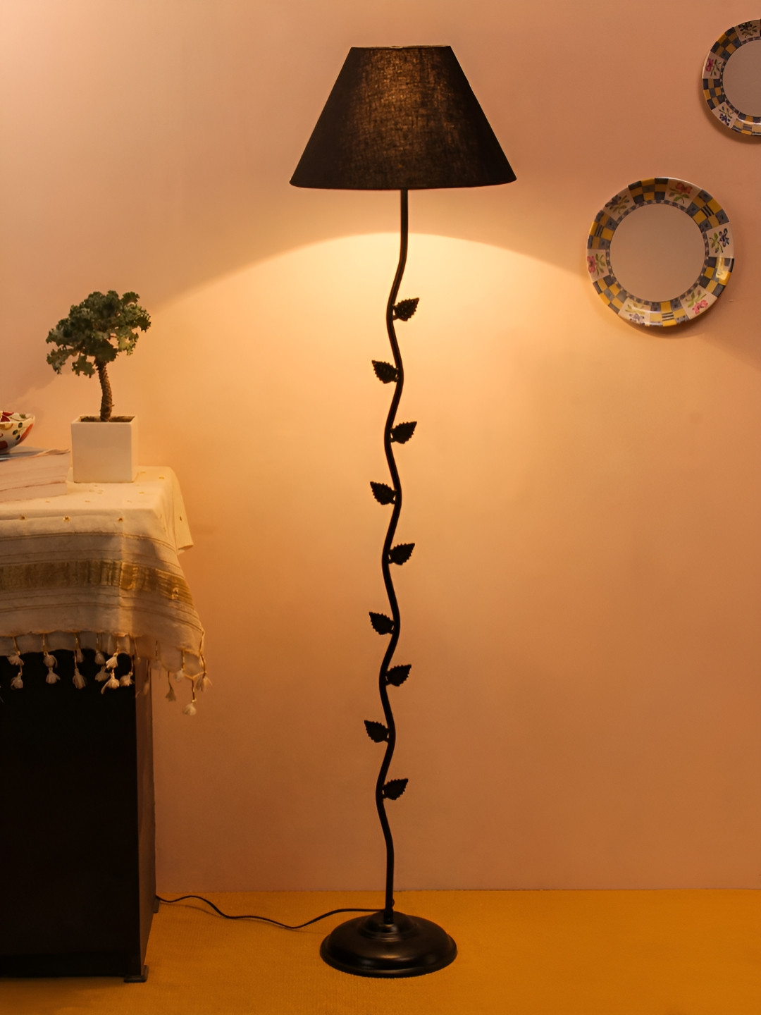 Devansh Black Leaf Frustum Shaped Cotton Floor Lamp With Shade