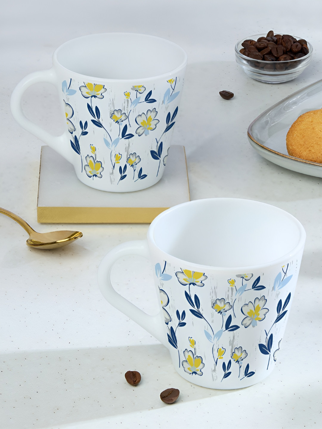 Larah by BOROSIL Novelty Series Amara White 2 Pcs Printed Opalware Matte Mugs 280 Ml