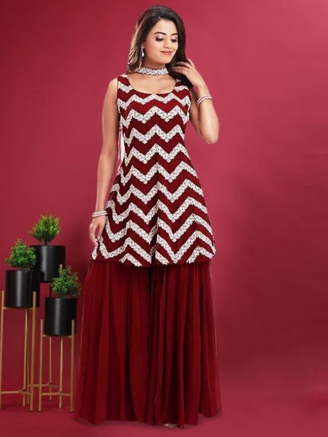 PARROT CREATION Embroidered A-Line Sequinned Kurti With Sharara And Dupatta