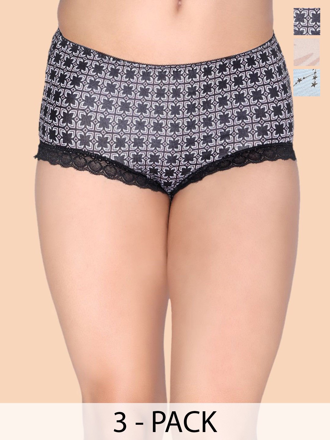 Amour Secret Pack Of 3 Printed Hipster Briefs P2051_Bpnt_Lgrn_Skn_S