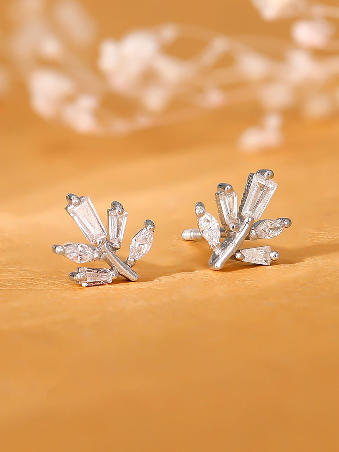 GIVA 92.5 Sterling Silver Rhodium-Plated Artificial Stones Leaf Shaped Studs Earrings