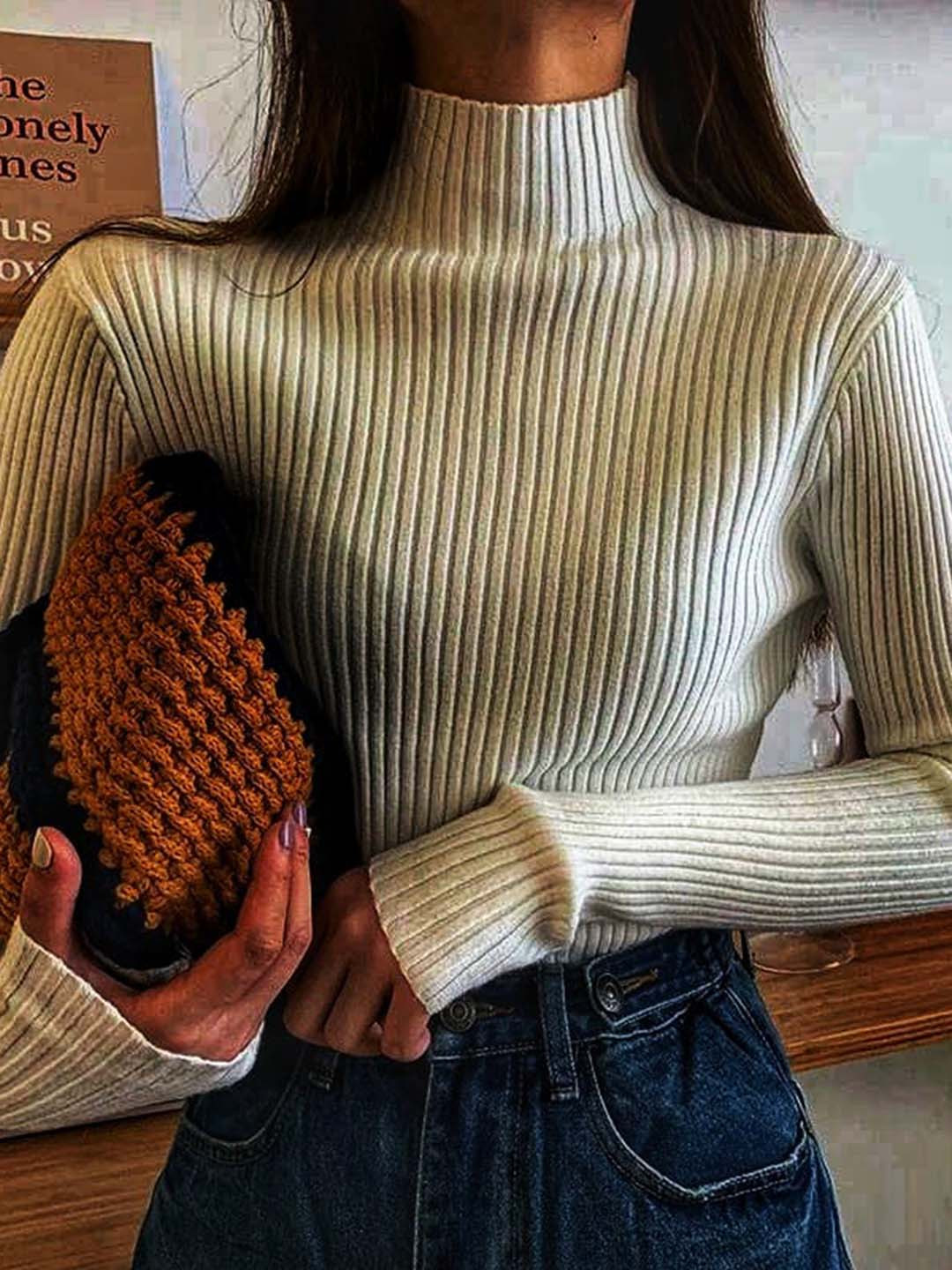 Miss Mosa By Akanksha  Women Beige Champel Statement Turtle Neck Sweater