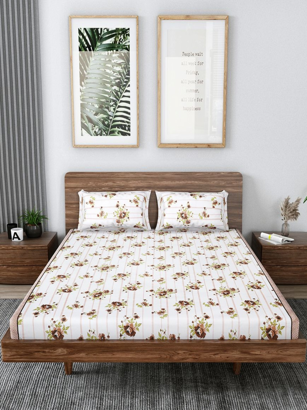 MAFATLAL Grandiose White Floral Cotton 186 TC King Fine Bedsheet with 2 Pillow Covers-274 x 274 cm