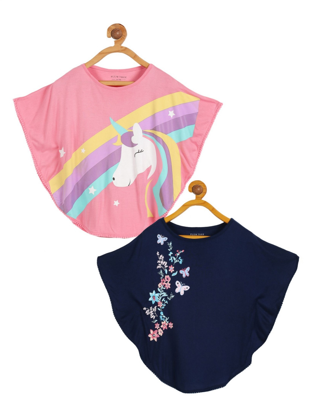 PLUM TREE Girls Floral 2 Printed Extended Sleeves Applique T-shirt