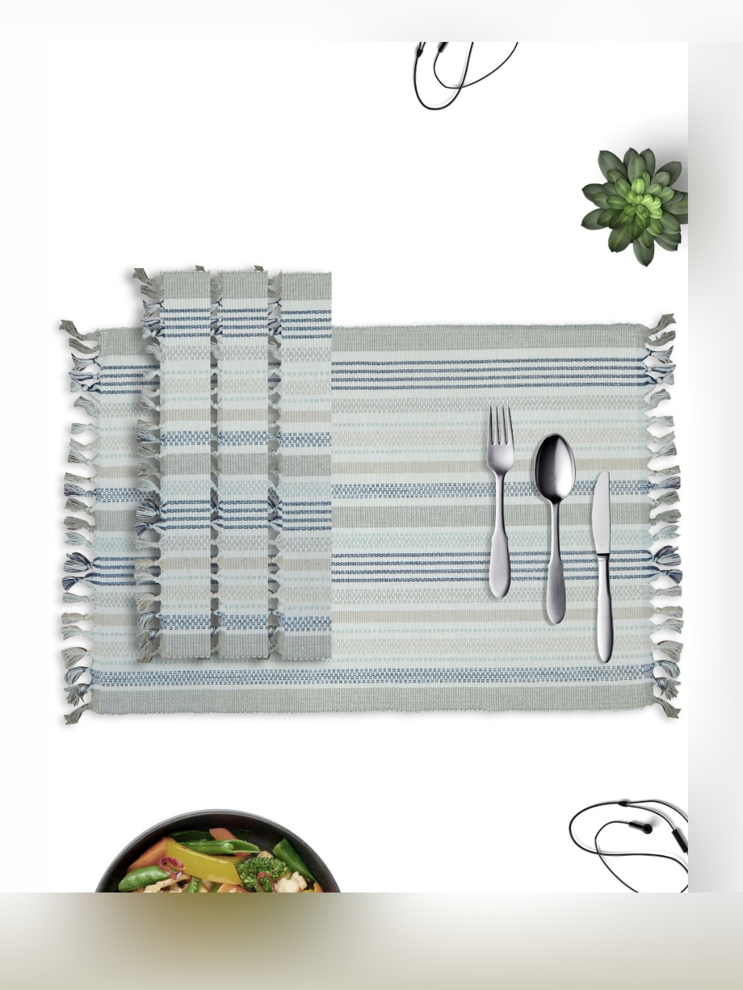 HOME COLORS.IN Blue & Grey 4 Pieces Ribbed Cotton Table Placemats