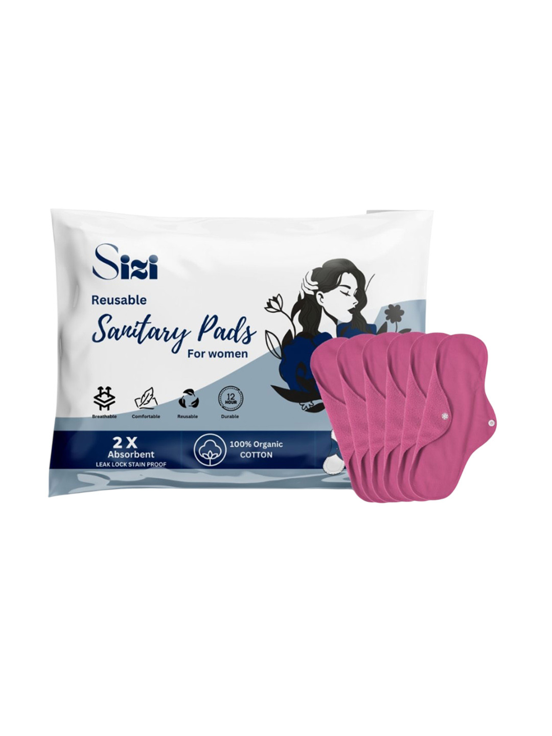 Sizi Super Absorbent Washable & Reusable Eco-Friendly Sanitary Napkins - XL - 6 Pads