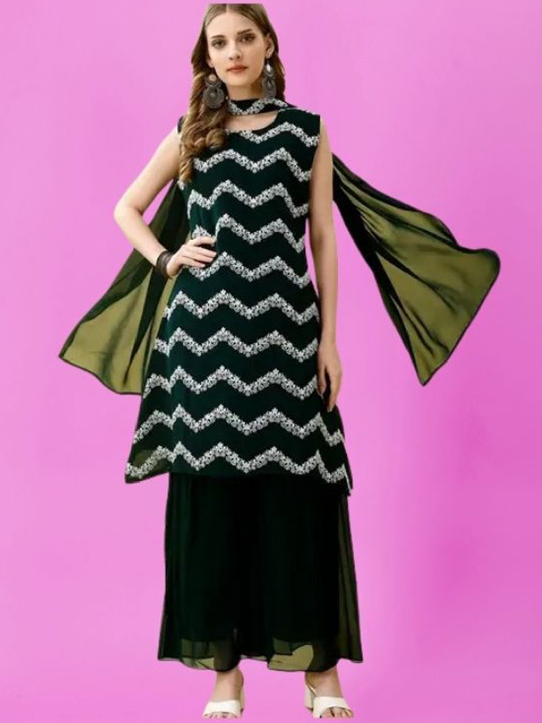 PARROT CREATION Embroidered Georgte Sequinned Round Neck Kurti with Sharara & Dupatta