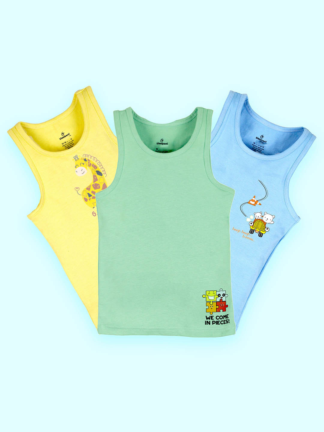 KiddoPanti Boys Pack Of 3 Printed Pure Cotton Vests SS25BVT009-Lt Green/ Yellow/ Blue