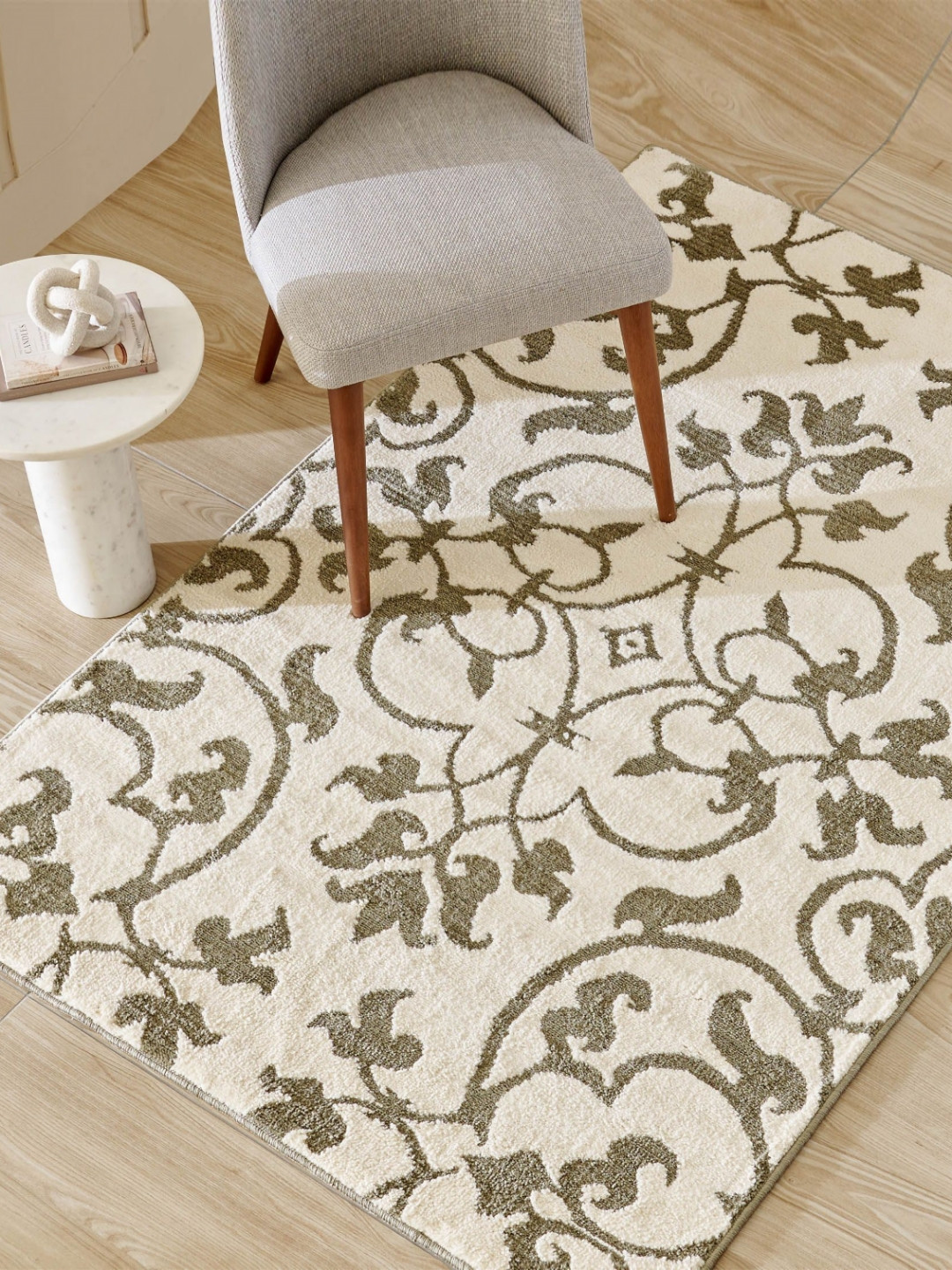 Home Centre Savanna Green & Off White Floral Printed Knit Carpet
