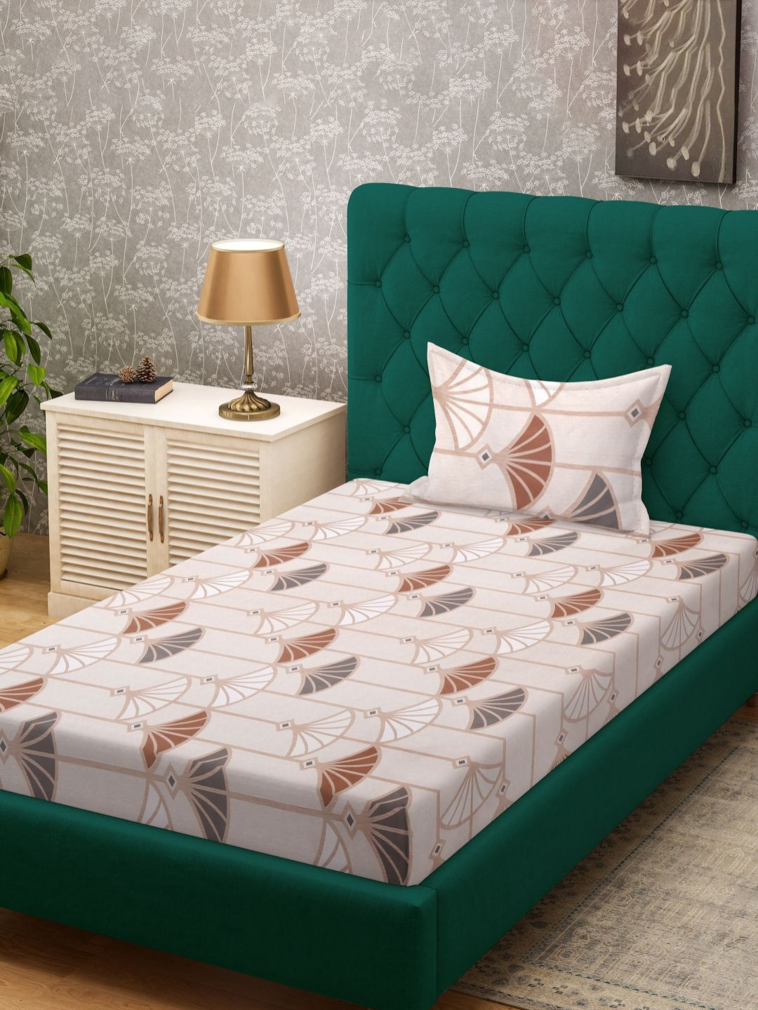 KLOTTHE Cream Graphic Cotton 300 TC Double Bedsheet with a Pillow Cover-89 x 59 inches