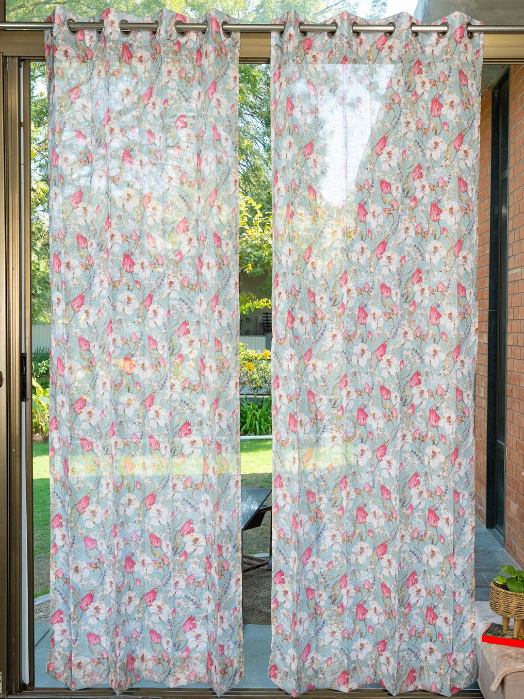 URBAN SPACE Green & Pink Pack of 2 Floral Printed Sheer Door Curtains