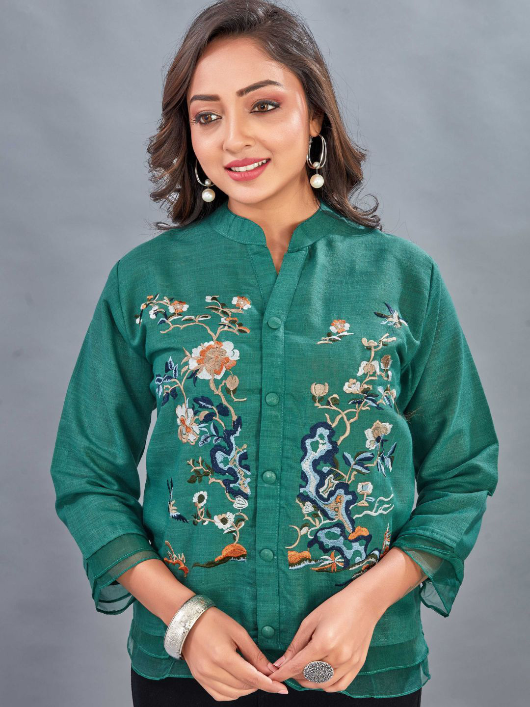 PEACH PIPER Women Mandarin Collar Embroidered Tunic