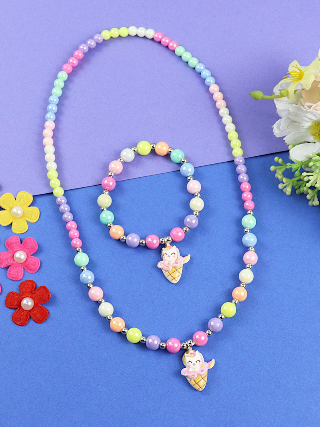 Asthetika Kids Girls Unicorn Ice-Cream Charm Necklace Bracelet Jewellery Set