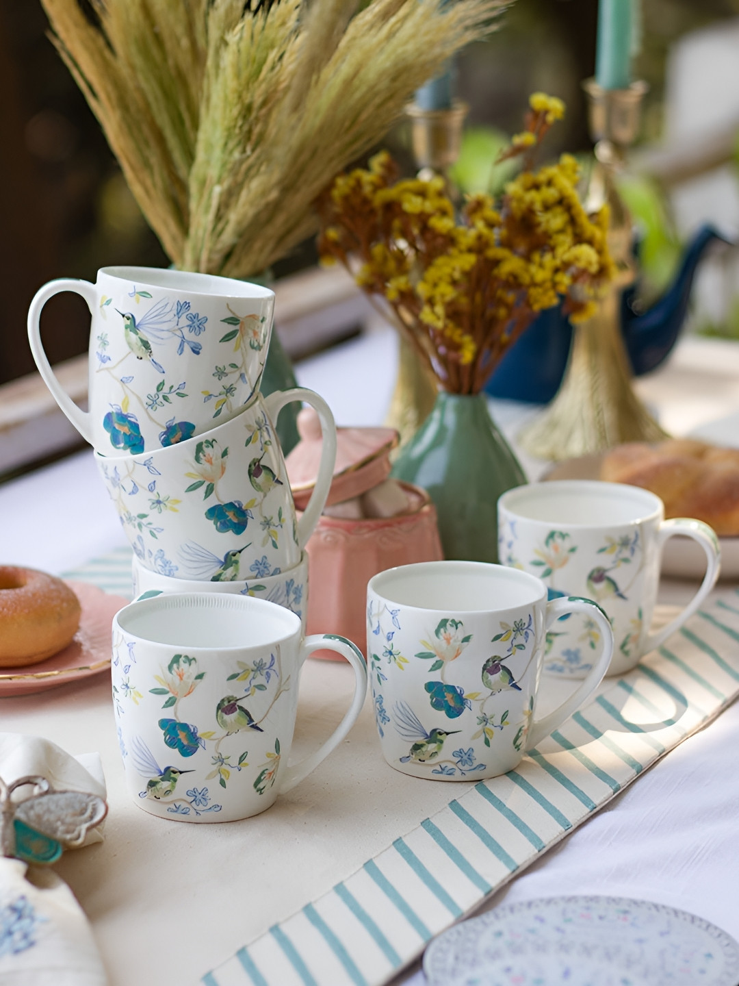 The Wishing Chair White & Blue Floral Printed Ceramic Glossy Cups Set of Cups and Mugs