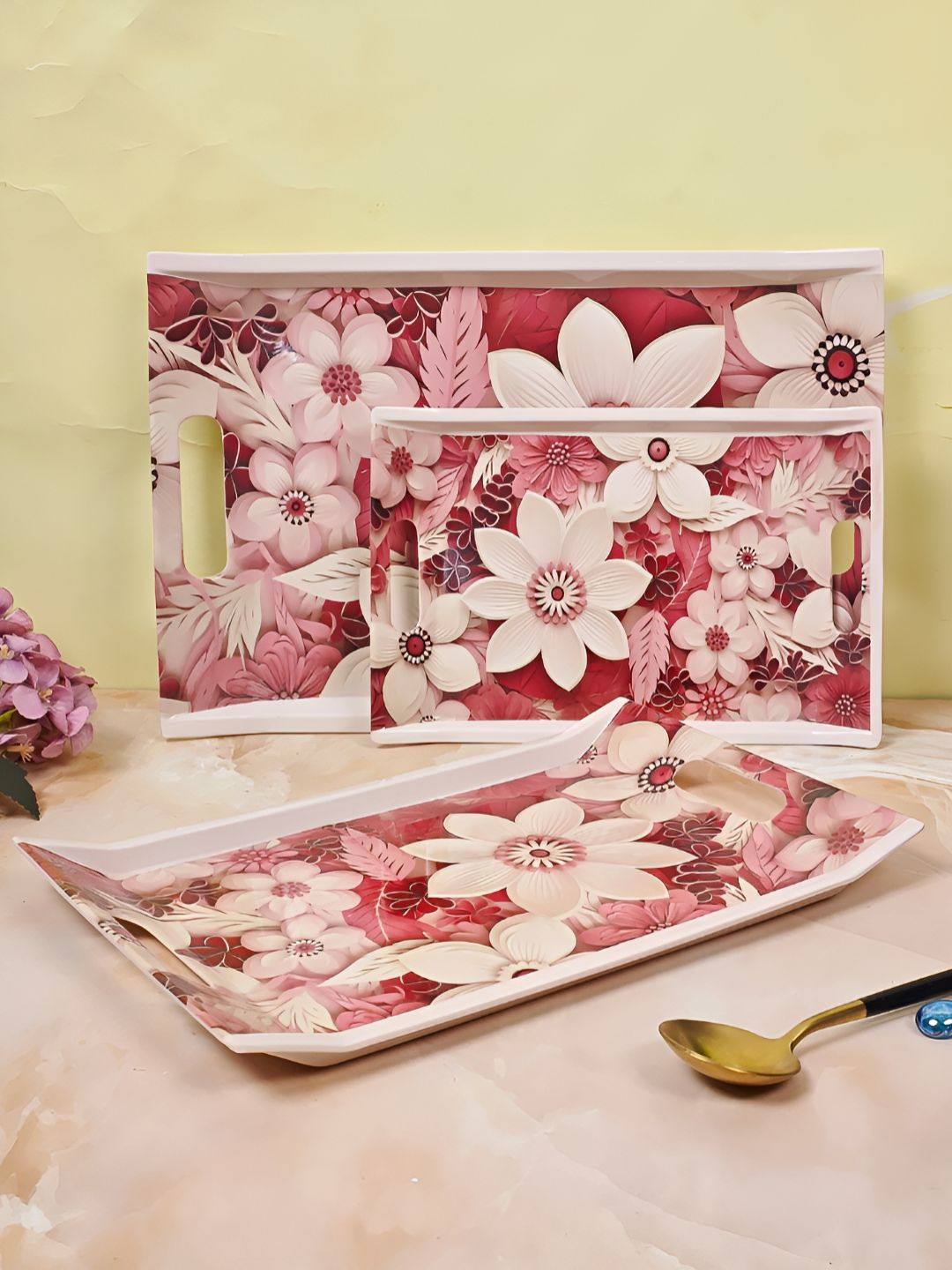 UPC Pink And White 3 Pieces Printed Melamine Dishwasher Safe Serving Tray